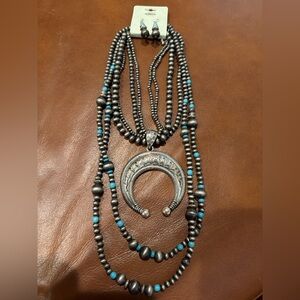 NWT! Silver tone and faux Turquoise Beaded Necklace & earrings set